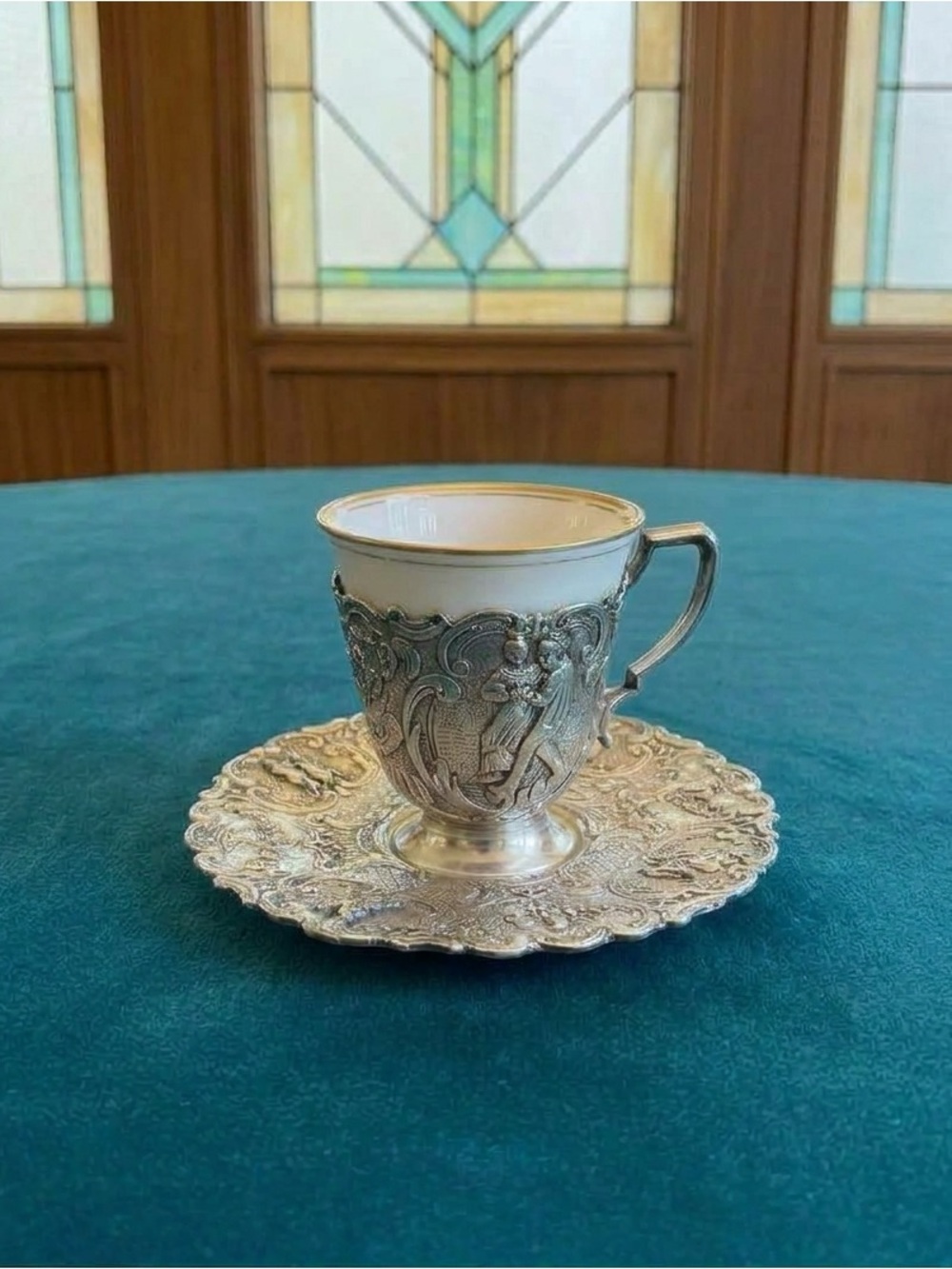 Antique German Hanau Solid Silver and Lenox Bone China Demitasse Cup & Saucer